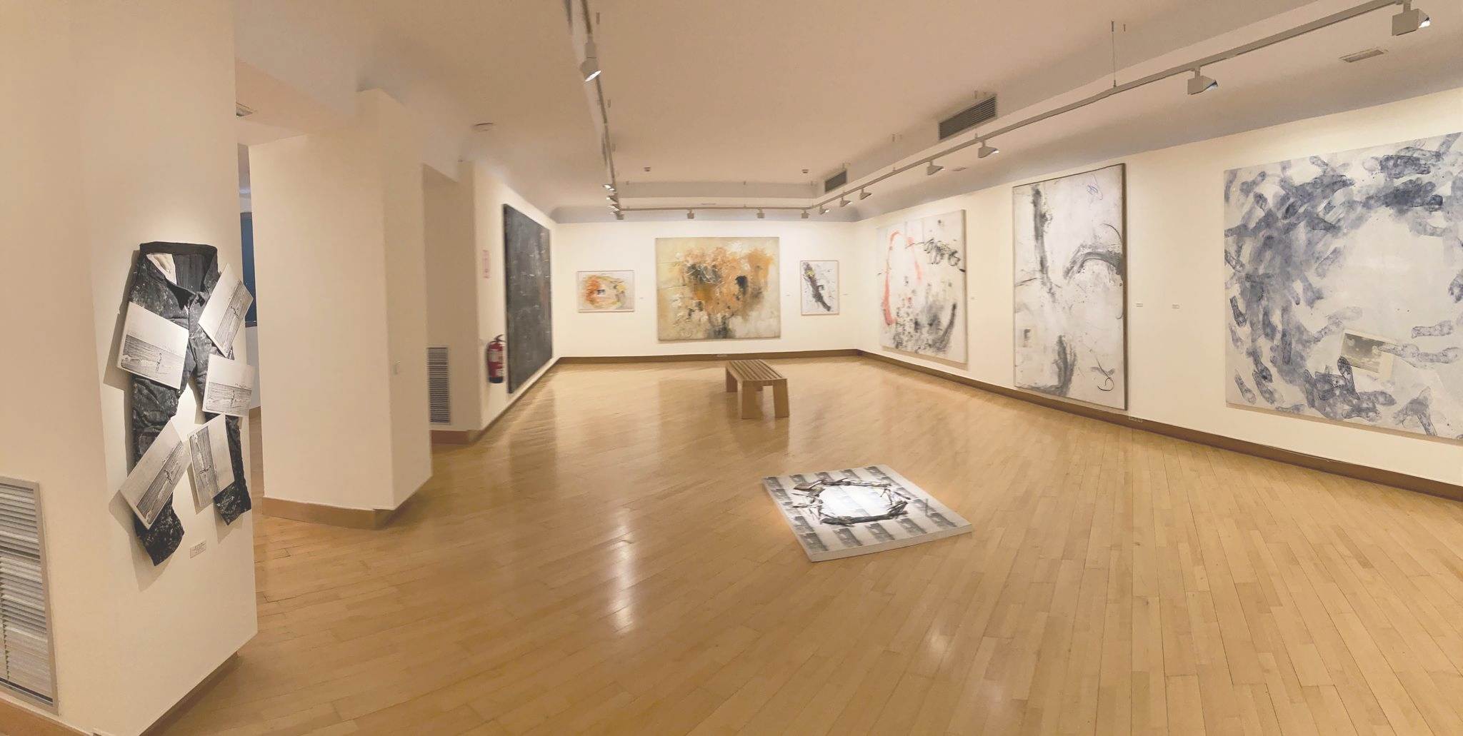 Vista panorámica de la sala, con pinturas y una obra sobre el suelo